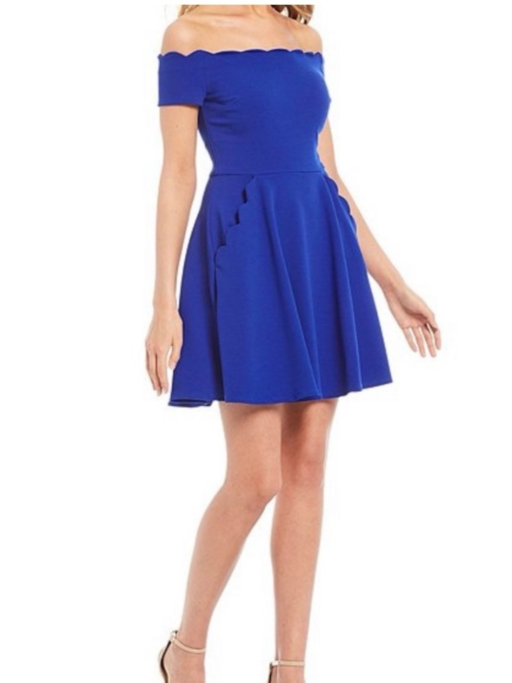 Scallop Off-Shoulder Fit-and-Flare Dress in Cobalt Blue